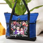 Personalised Heart Flower Cartoon Character Large Tote Bag with Names and Mesh Pocket Valentine's Day Anniversary Gift for Women