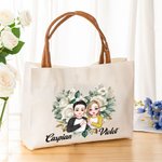 Personalised Cartoon Couple Heart Gesture Floral Love Canvas Tote Bag with Name and Leather Handle Valentine's Day Anniversary Birthday Gift for Women