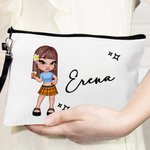 Borsa per trucco in lino con braccialetto disegno cartone animato ragazza di moda personalizzato con nome regalo per feste o compleanno per le donne