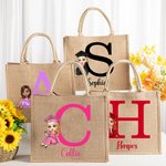 Personalisierte Graduierung Cartoon Charakter große Jute Tragetasche mit Initialen und Namen Graduierung Party Gunst Geburtstag Geschenk für Frauen