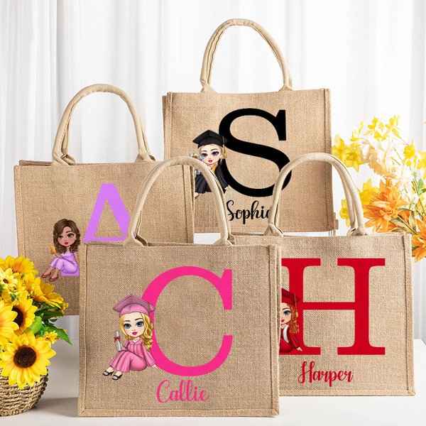 Personalized Graduation Cartoon Character Large Jute Tote Bag with Initial and Name Graduation Party Favor Birthday Gift for Women