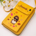 Personalisierte PU-Leder Handy-Umhängetasche mit Kussmund Cartoon-Mode-Mädchen und Namen Crossbody Bag Geldbörse Geburtstag Urlaub Geschenk für Damen
