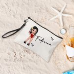 Borsa per trucco in lino con braccialetto disegno cartone animato ragazza di moda personalizzato con nome regalo per feste o compleanno per le donne