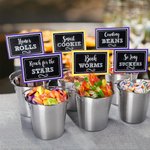 Personalised School Colours Snack Dessert Buffet Labels Set of 16 with Sweets Bar Table Sign and Bucket Graduation Party Decoration Favors