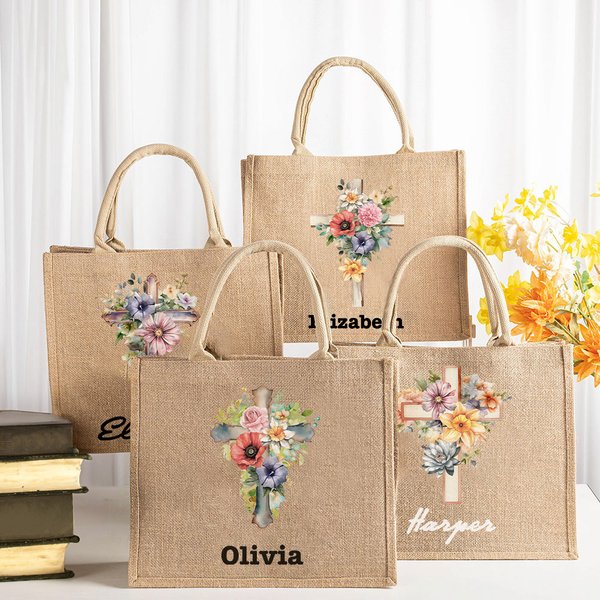 Personnalisé Aquarelle 1-5 Fleurs de naissance Croix Grande Bible Sac Fourre-tout en toile de jute avec Nom Fête des Mères Religieux Cadeau de Pâques pour Femmes Chrétiennes