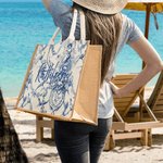 Personalised Retro French Toile De Jouy Print Jute Tote Bag with Monogram or Name Bridesmaid Birthday Gift for Women