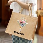 Personalised Watercolor 1-5 Birth Flowers Cross Large Bible Carrying Jute Tote Bag with Name Mother's Day Religious Easter Gift for Women Christian
