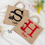 Personalisierte Graduierung Cartoon Charakter große Jute Tragetasche mit Initialen und Namen Graduierung Party Gunst Geburtstag Geschenk für Frauen