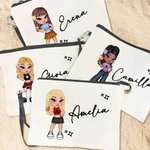 Borsa per trucco in lino con braccialetto disegno cartone animato ragazza di moda personalizzato con nome regalo per feste o compleanno per le donne