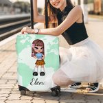 Copertura per valigia personalizzata con personaggio cartone animato stile Y2K sfondo mappa del mondo regalo di compleanno per donne e ragazze