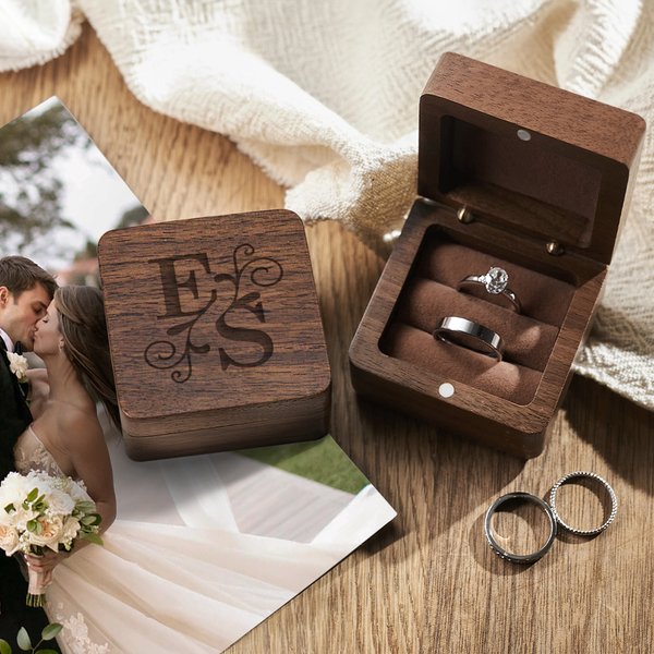 Personalised Engraved Floral Initials Walnut Ring Box with Text Valentine's Day Engagement Wedding Gift for Couple