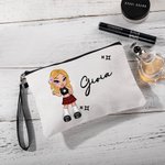 Borsa per trucco in lino con braccialetto disegno cartone animato ragazza di moda personalizzato con nome regalo per feste o compleanno per le donne