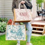 Personalised Retro French Toile De Jouy Print Jute Tote Bag with Monogram or Name Bridesmaid Birthday Gift for Women