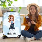 Copertura per valigia personalizzata con personaggio cartone animato stile Y2K sfondo mappa del mondo regalo di compleanno per donne e ragazze