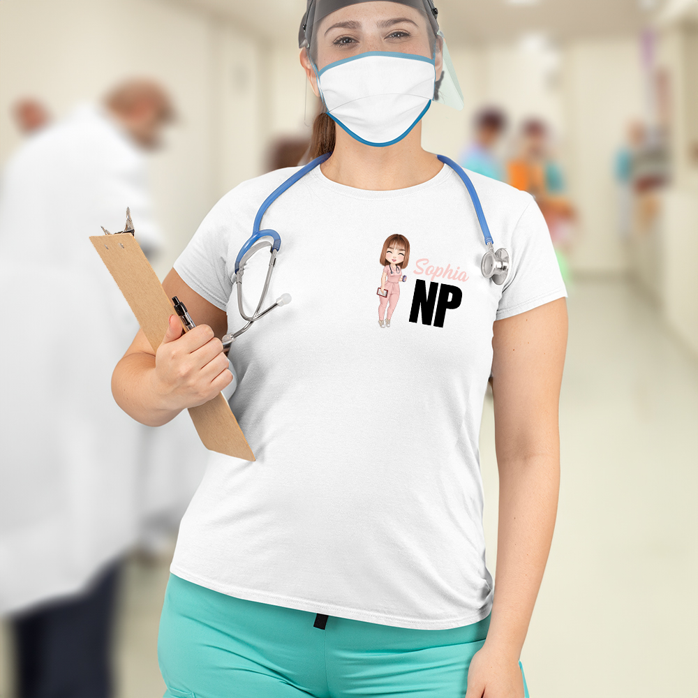 Personalized Nurse Doctor Theme Cartoon Character 100% Cotton T-Shirt with Name and Title Birthday Appreciation Gift for Medical Staffs