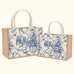 Personalised Retro French Toile De Jouy Print Jute Tote Bag with Monogram or Name Bridesmaid Birthday Gift for Women