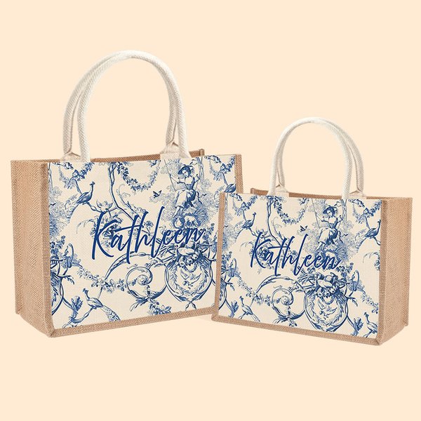 Personlig Retro fransk Toile De Jouy Print Jute Tote Bag med monogram eller navn Brudepike Bursdagsgave til kvinner