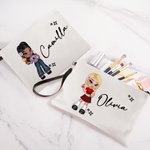 Borsa per trucco in lino con braccialetto disegno cartone animato ragazza di moda personalizzato con nome regalo per feste o compleanno per le donne