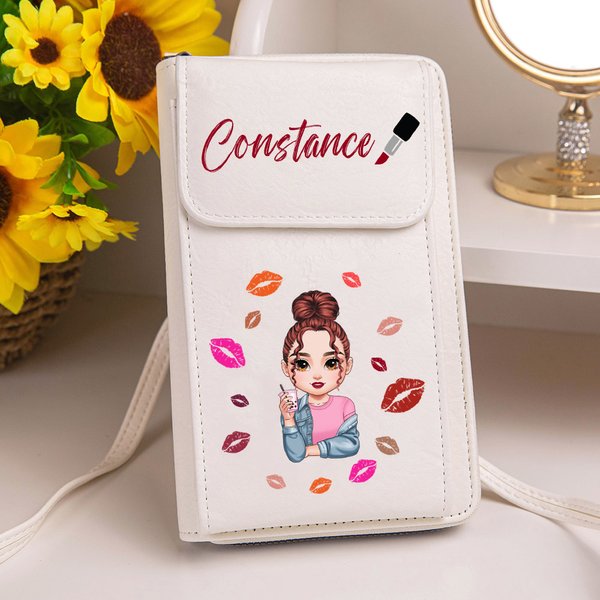Personalisierte PU-Leder Handy-Umhängetasche mit Kussmund Cartoon-Mode-Mädchen und Namen Crossbody Bag Geldbörse Geburtstag Urlaub Geschenk für Damen