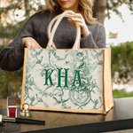 Personalised Retro French Toile De Jouy Print Jute Tote Bag with Monogram or Name Bridesmaid Birthday Gift for Women
