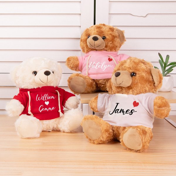 Personalizado lindo corazón oso de peluche de juguete con 1-2 nombres camiseta o sudadera con capucha Día de San Valentín Aniversario Foto Prop regalo para la pareja