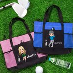 Personalised Golf Cartoon Character Large Waterproof Tote Bag with Name and Birth Flower Travel Essentials Birthday Gift for Golf Lovers