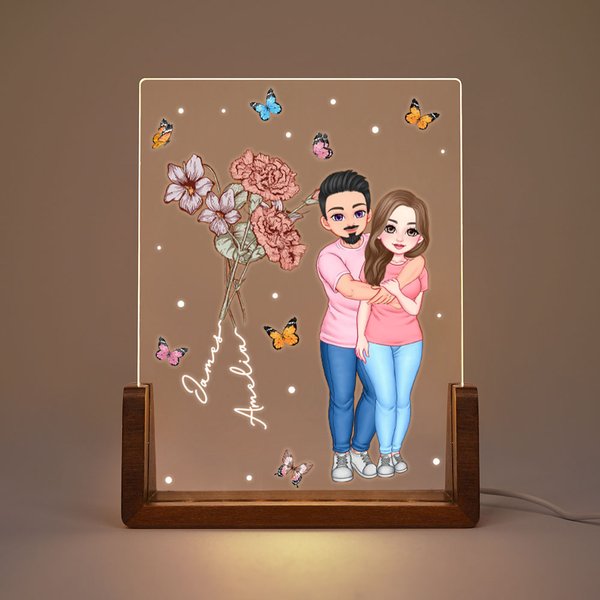 Henkilökohtainen syntymä kukka sarjakuva halaava pari LED-yövalo puinen pohja Home Decor Ystävänpäivä lahja pariskunnalle