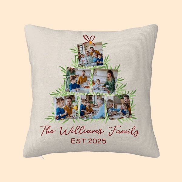 Personalized 6 Photos Christmas Tree Pillow Cover with Texts Home Decor Birthday Gift for Family