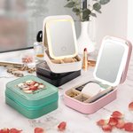 Personalized Cute Couple Bear Leather Travel Jewelry Box with Initial Changing Color LED Makeup Mirror Birthday Valentine's Day Gift for Women