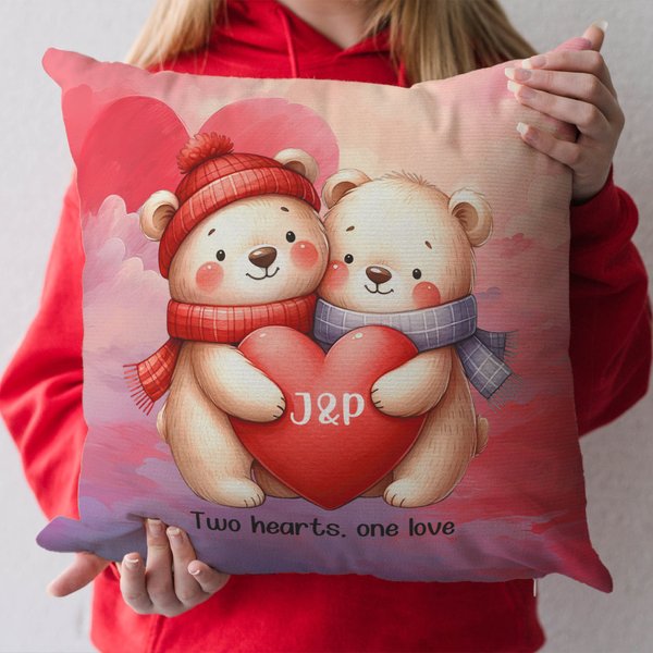 Personalised Cute Couple Bear Soft Throw Pillow Cover with Initial and Text Home Decor Valentine's Day Gift for Couple