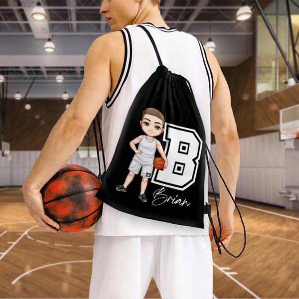 Personalized Basketball Cartoon Character Drawstring Backpack with Name and Initial Gym Workout Birthday Gift for Sports Travel Lovers