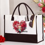 Personalised Cartoon Character Flower Heart Floral Canvas Tote Bag with Name and Handle Travel Essentials Valentine's Day Birthday Gift for Women