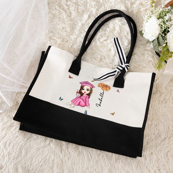 Personalized Cartoon Graduate Character Birth Flower Butterfly Canvas Tote Bag with Name Graduation Birthday Gift for Girls Friends