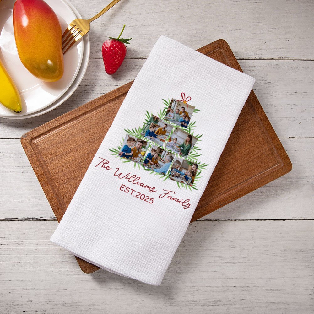 Personalized Christmas Tree 6 Photos Absorbent Waffle Tea Towel with Text Kitchen Decor Birthday Housewarming Gift for Family Chef 1