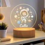 Personalised Cute Lion Bear Animal Astronauts Solar System Planets LED Night Light with Name and Wooden Base Nursery Decor Birthday Gift for Kids
