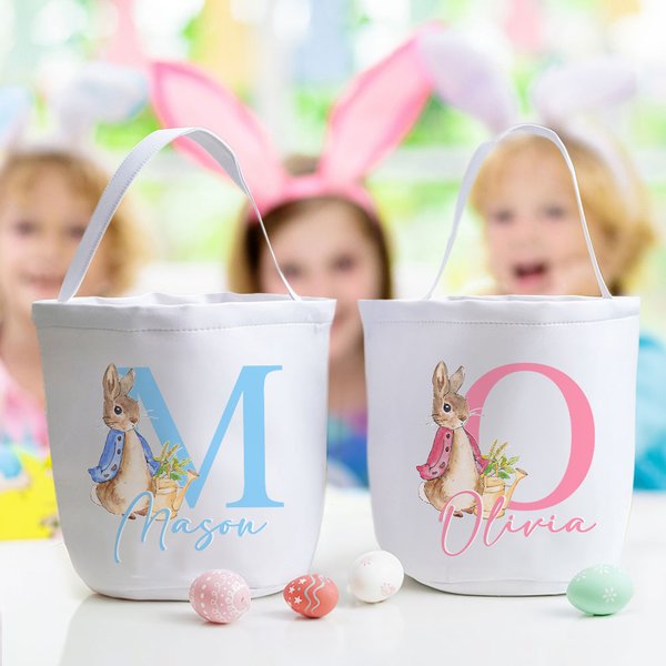 Conejito personalizado con inicial y nombre Cesta de caramelos grande de lona con asa Divertida caza de huevos de Pascua Regalo para niños Niñas