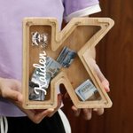 Personalised Cute Animal Name Initial Shape Wooden Money Box Piggy Bank with Clear Window Kid Room Educational Decor Birthday Gift for Boys Girls