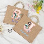 Personalisierte niedliche rosa Fantasy Meerjungfrau Kapazität Jutetasche Tote Bag mit Initialen und Namen Reisezubehör Geburtstagsgeschenk für Mädchen