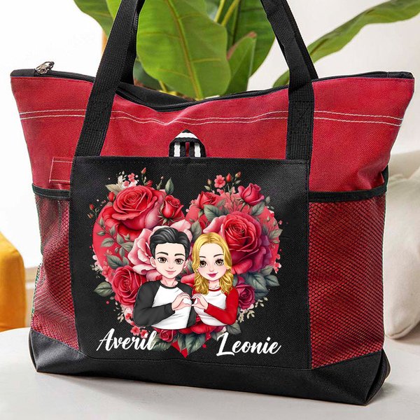 Personalized Heart Flower Cartoon Character Large Tote Bag with Names and Mesh Pocket Valentine's Day Anniversary Gift for Women