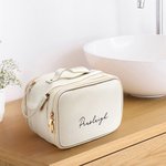 Personalized Simple Name Design Large Multi-compartment Leather Makeup Bag with Makeup Brush Holder Travel Essentials Birthday Gift for Women