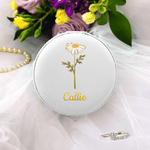 Personalized Gold-Edged Birth Flower PU Leather Jewelry Box with Name Portable Travel Accessories Birthday Anniversary Gift for Women Girls