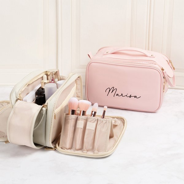 Borsa da trucco personalizzata con nome in pelle multiscomparto con porta pennelli essenziale da viaggio regalo di compleanno per donne