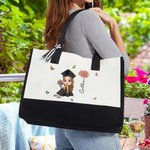 Personalised Cartoon Graduate Character Birth Flower Butterfly Canvas Tote Bag with Name Graduation Birthday Gift for Girls Friends