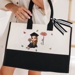 Personalised Cartoon Graduate Character Birth Flower Butterfly Canvas Tote Bag with Name Graduation Birthday Gift for Girls Friends
