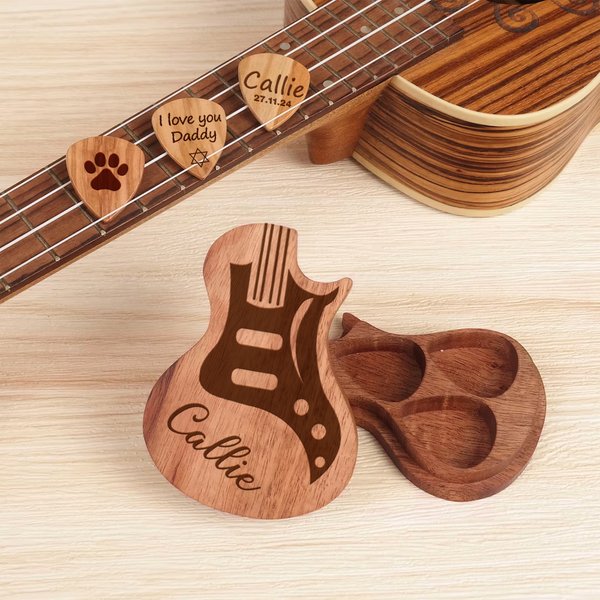 Personalized Wooden Guitar Name Picks Storage Box with 3 Picks Birthday Gift for Musician Guitar Player