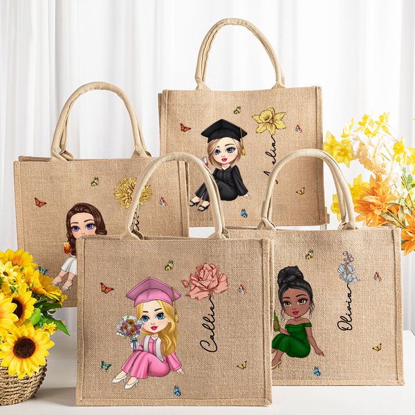 Sac en Toile de Jute Réutilisable Personnalisé avec Personnage Fleur de Naissance et Nom Cadeau d'Anniversaire pour Filles Amis