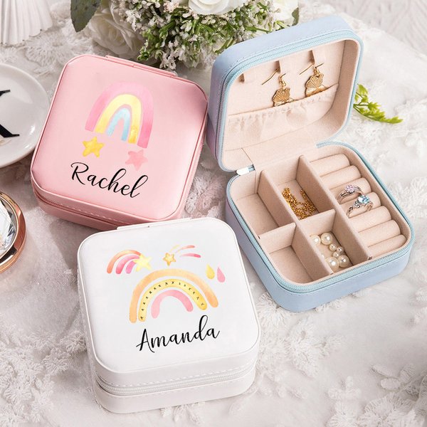 Caja de joyería de cuero arco iris personalizada con nombre Joyería Estuche de viaje Cumpleaños Día de San Valentín Regalo para mujer