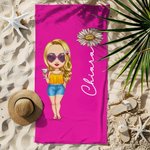 Asciugamano da spiaggia personalizzato in cotone e poliestere con nome, fiore di nascita e personaggio, essenziale per vacanze - Regalo per amiche