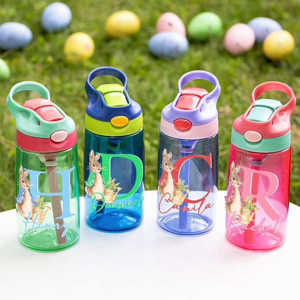 Personalisierte Niedliche Hase 475 ml Kind Wasserflasche mit Initial Namen und Strohhalm Ostern Geburtstag Geschenk für Jungen Mädchen