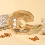 Personalised Cute Animal Name Initial Shape Wooden Money Box Piggy Bank with Clear Window Kid Room Educational Decor Birthday Gift for Boys Girls